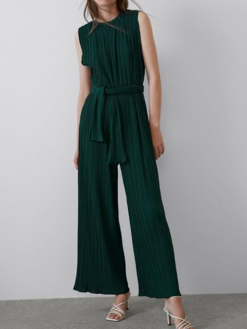 Zara Wide Leg Waffle Belted Forest Green Jumpsuit Size M